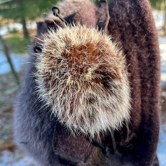 Y2K Angora Rabbit Fur Knit Hat + Genuine Fur Accent Brown - Picture 2 of 16